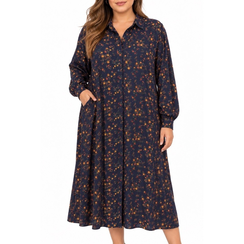 Ines de la Fressange Womens Floral Shirt Dress Navy Rayon M
